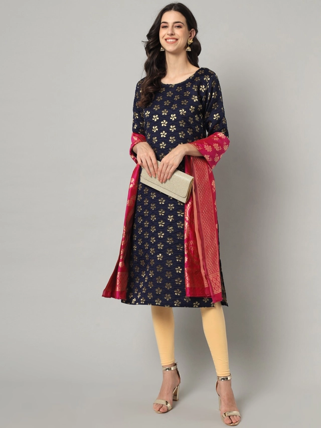 Cotton Silk Printed Kurta with Pant for Women (Multicolor, L)