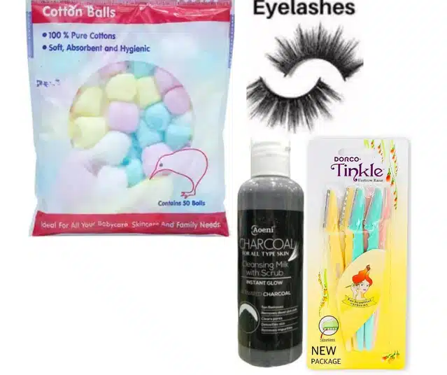 Combo of Face Razor (3 Pcs) with Eyelashes, Cotton Balls & Charcoal Cleansing Milk (Set of 4)