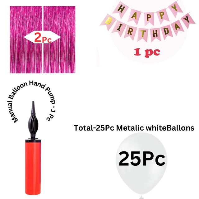 Birthday Decoration Foil Curtains with Banner & 25 Pcs Balloons with Manual Hand Pump (Multicolor, Set of 1)