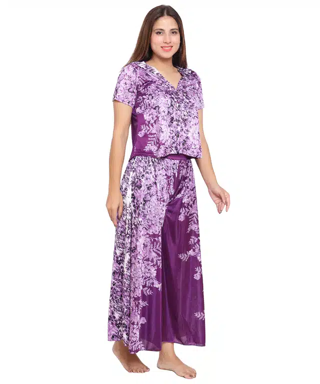 Satin Printed Night Suit for Women (Pink, S)