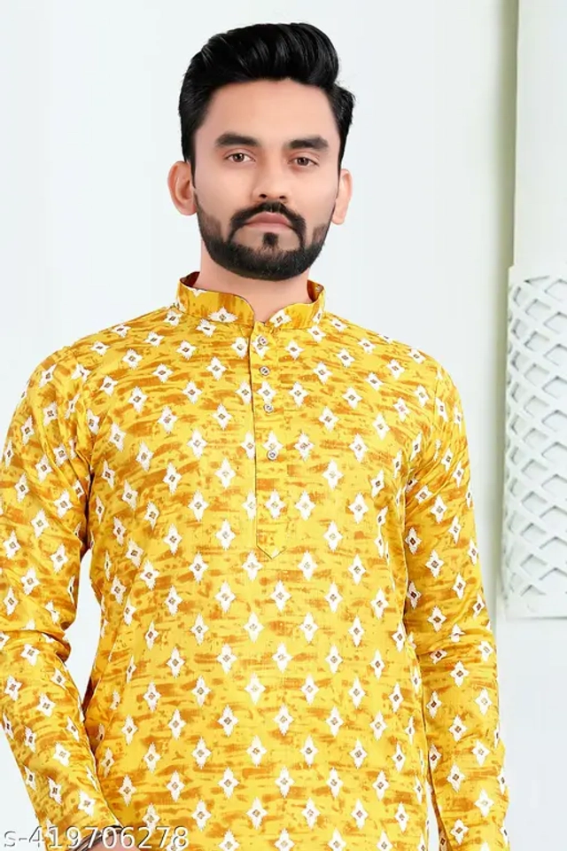 Cotton Blend Printed Kurta with Pyjama for Men (Yellow & White, S)