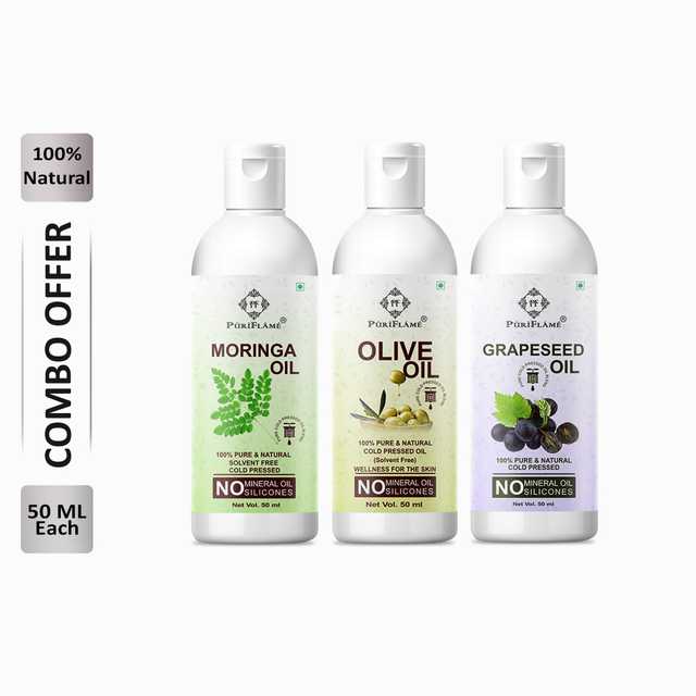Puriflame Pure Moringa Oil (50 ml), Olive Oil (50 ml) & Grapeseed Oil (50 ml) Combo for Rapid Hair Growth (Pack Of 3) (B-11866)