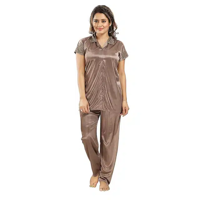 Satin T-Shirt with Trouser Nightsuit Set for Women (Brown, M)