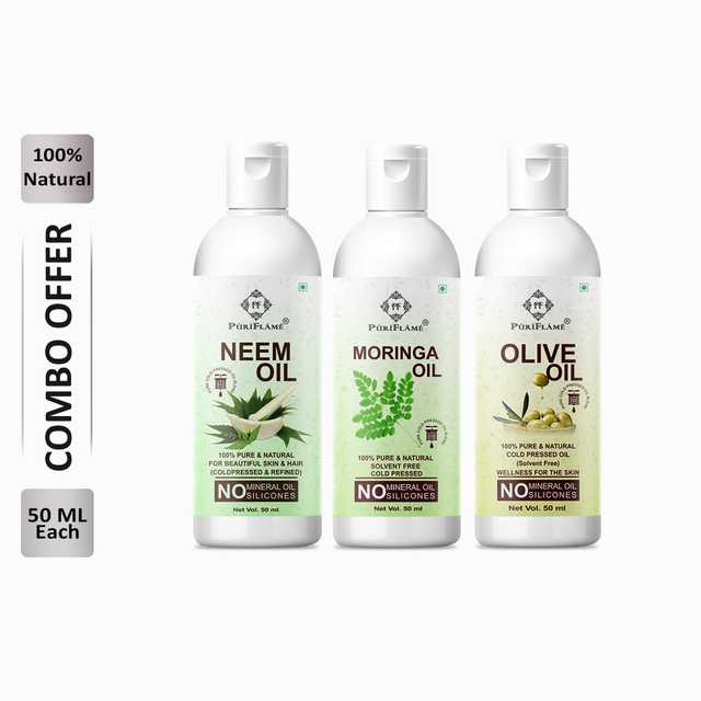 Puriflame Pure Neem Oil (50 ml), Moringa Oil (50 ml) & Olive Oil (50 ml) Combo for Rapid Hair Growth (Pack of 3) (B-12158)