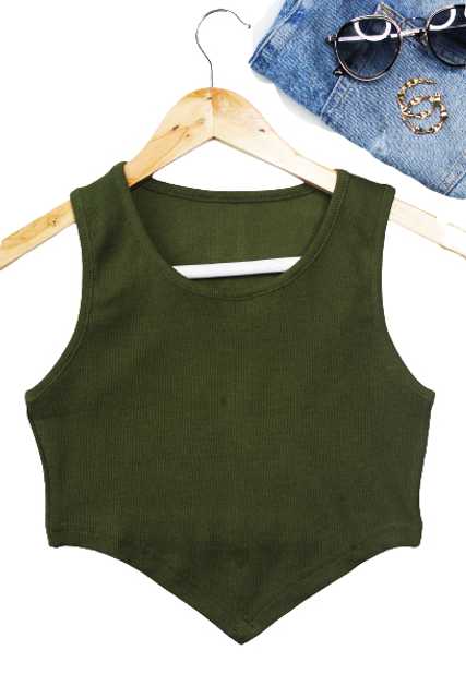 Cold Fusion Solid Ribbed Sleeveless Cotton Crop Top For Girls (Olive, L) (K84)
