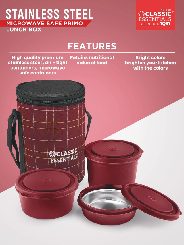 Stainless Steel Microwave Safe Insulated Leak Proof 3 Containers Lunch Box Set (Maroon, Set of 1)