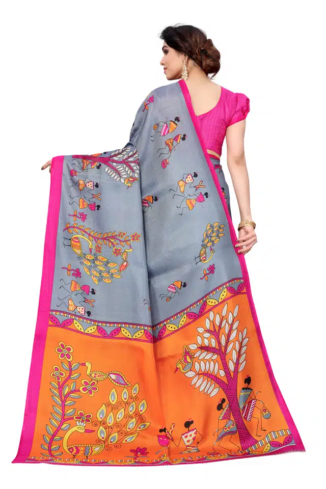 Printed Saree with Blouse Piece for Women (Grey, 6.3 m)