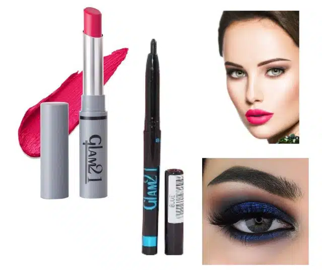 Glam21 Long Lasting Non Transfer Lipstick with Kajal (Magenta & Blue, Set of 2)