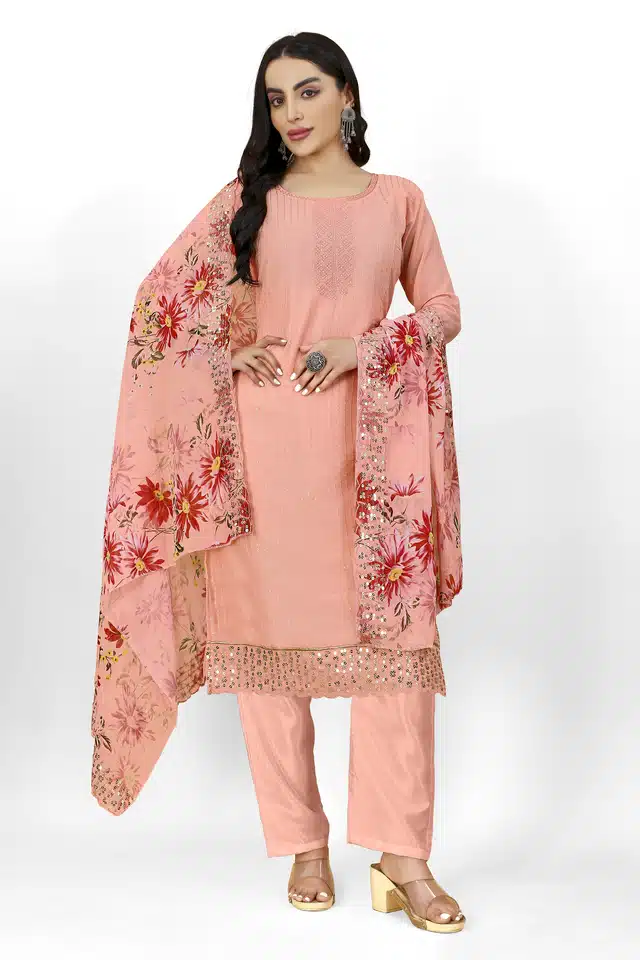 Embroidered Kurti with Pant and Dupatta (Peach, S)