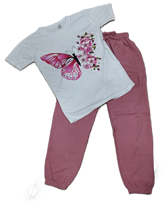 Cotton Blend Printed Clothing Set for Girls (Pink & White, 9-10 Years)