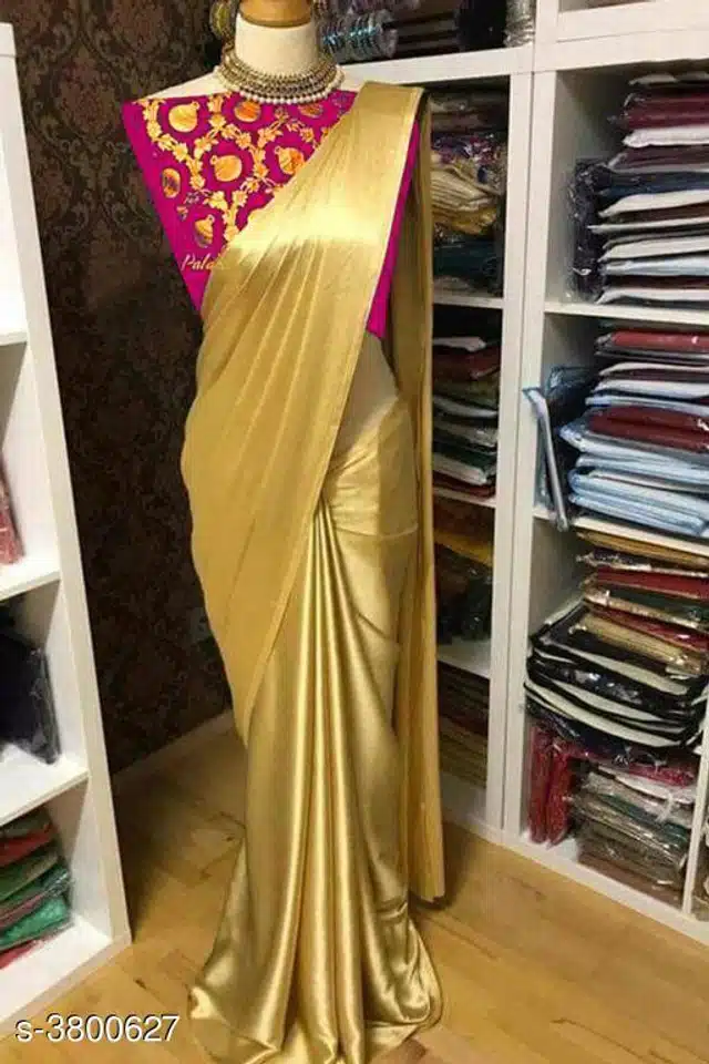 Satin Saree for Women (Gold, 6.3 m)