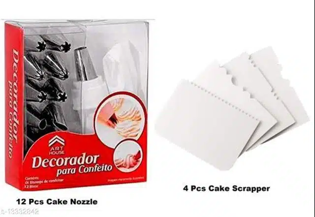 Cake Nozzles (12 Pcs) with 4 Pcs Cake Scraper (Silver & White, Set of 2)