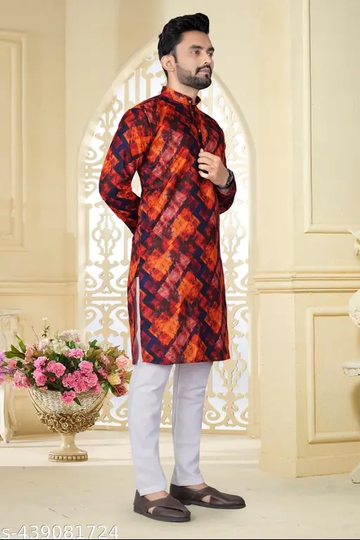 Cotton Ethnic Motif Kurta for Men (Multicolor, S)