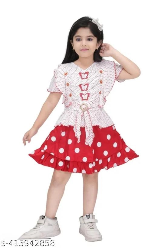 Rayon Printed Top & Skirt for Girls (White & Red, 3-6 Months)