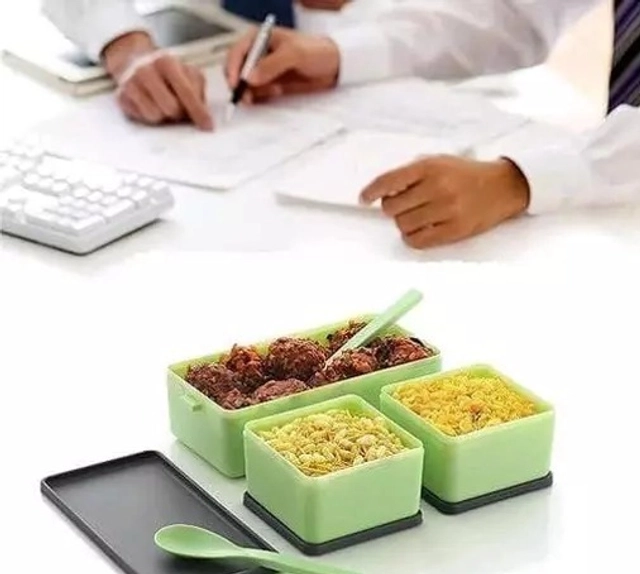 Plastic 3-in-1 Compartment Lunch Box with Spoon & Fork (Mint Green, 1500 ml)