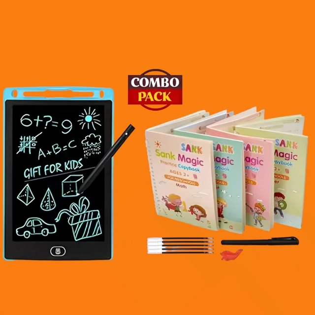 Combo of 4 Pcs Book with Pen, Grip, 10 Pcs Refills & LCD Digital E-Slate for Kids (Multicolor, Set of 5)