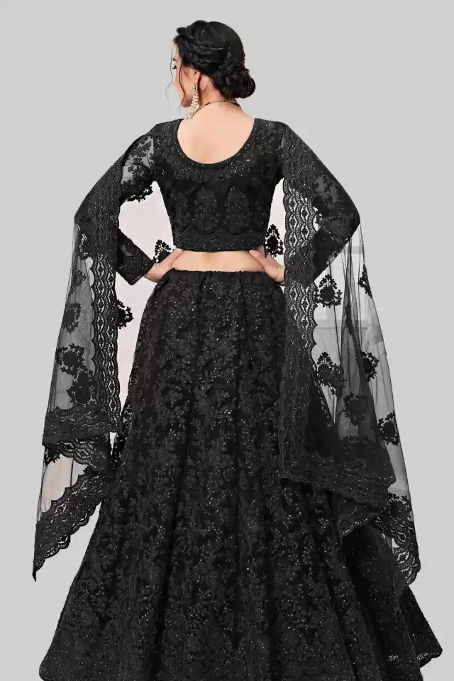 Net Embroidered Semi Stitched Lehenga for Women (Black)