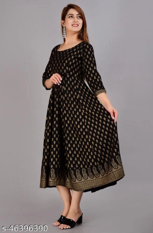 Rayon Printed Anarkali Kurti for Women (Black, M)