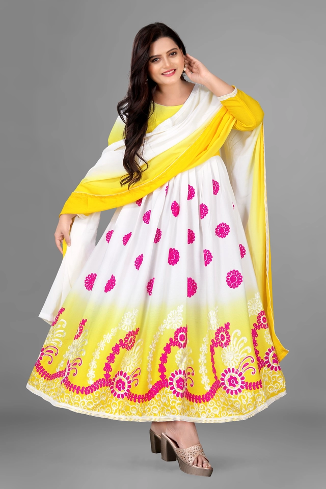 Jute Silk Printed Anarkali Kurti with Dupatta for Women (Yellow & White, S)