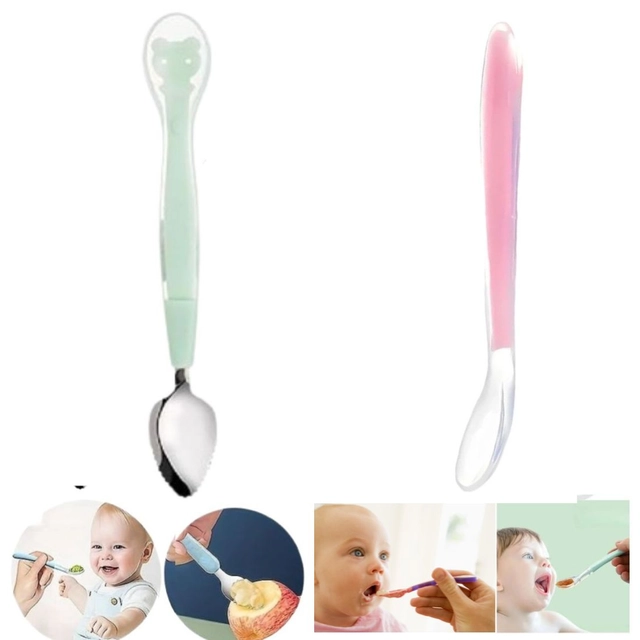 Combo of Silicone Double-Head & Single-Head Feeding Spoon for Baby (Multicolor, Set of 2)