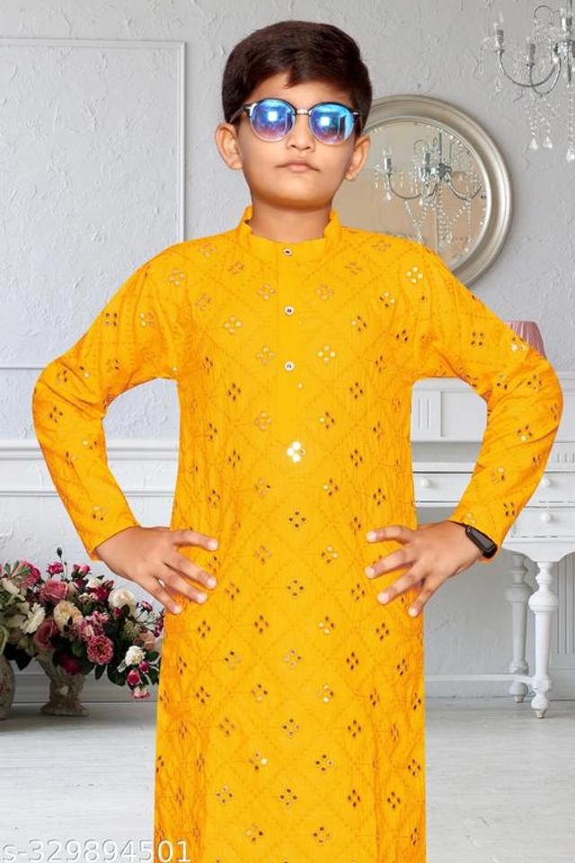 Cotton Blend Kurta Sets for Boys (2-3 Years, Yellow & White)