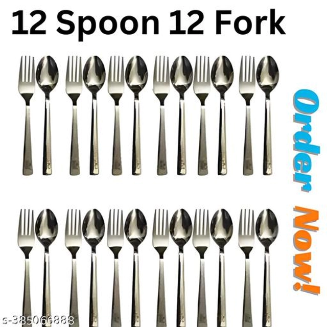 Stainless Steel 12 Pcs Spoons with 12 Pcs Forks (Silver, Set of 2)