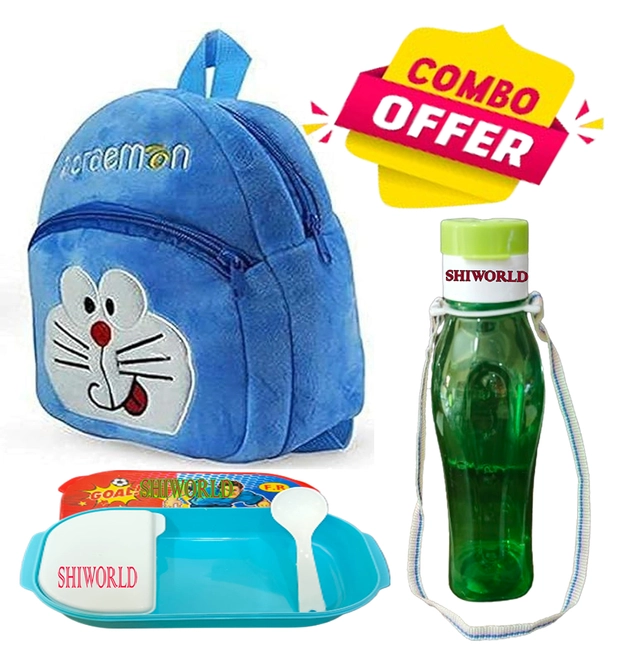 Fabric Backpack with Lunch Box & Water Bottle for Kids (Multicolor, Set of 3)