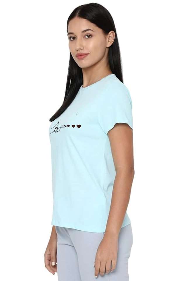 Round Neck Printed T-Shirt for Women (Aqua Blue, S)