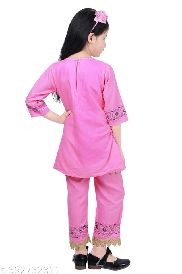 Rayon Printed Kurta with Pant for Girls (Pink, 4-5 Years)