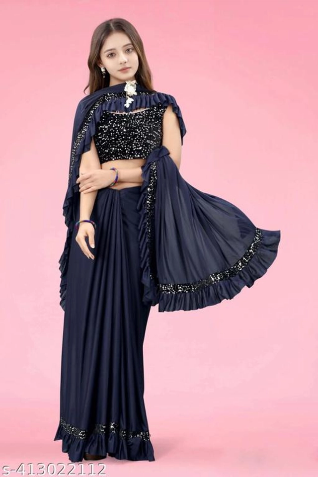 Solid Fancy Saree for Girls with Blouse (Navy Blue, 3-4 Years)