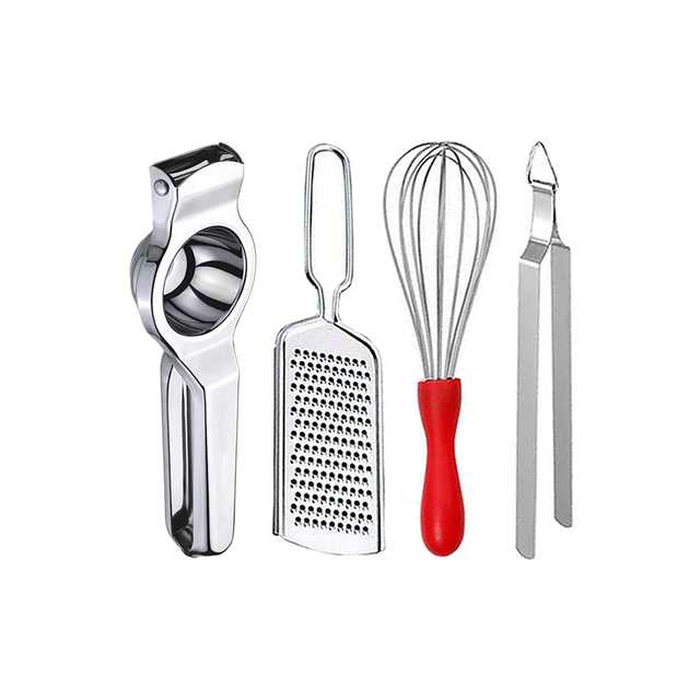 Oc9 Stainless Steel Lemon Squeezer & Cheese Grater & Egg Whisk & Roti Chimta Kitchen Tool Set (O-44)