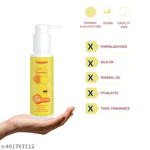  Lissyque Vitamin C and E Sunscreen Lotion for UVA and UVB Protection, SPF 50+, Fast Absorbing and Non-Greasy, 100ml