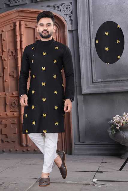 Essential Men's Cotton Full Sleeves Kurta Set (Black & White, L) (LDC-14)