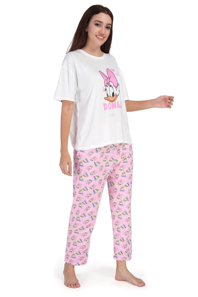 Cotton Printed Nightsuit for Women (White & Pink, Free Size)