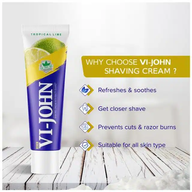 VI-JOHN Tropical Lime Shaving Cream for Men with Tea Tree oil and Bacti  guard 125 g