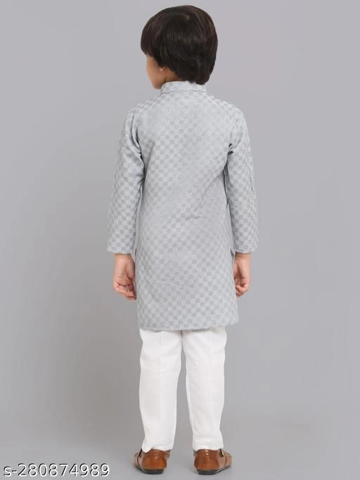 Cotton Blend Kurta with Pyjama for Boys (Grey & White, 9-12 Months)