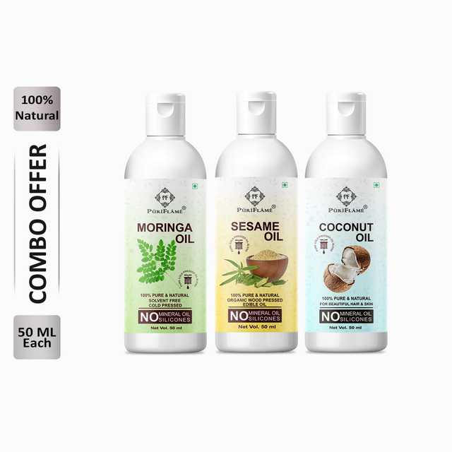 Puriflame Pure Moringa Oil (50 ml), Sesame Oil (50 ml) & Coconut Oil (50 ml) Combo for Rapid Hair Growth (Pack Of 3) (B-11932)