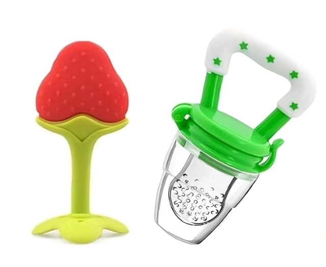 Nibbler Soother for Babies Fruit Feeder Kids Nipple Pacifier for Fruit Vegetable and Fruit Shape Silicone Teether (Set of 2) Teether (Green,Red)