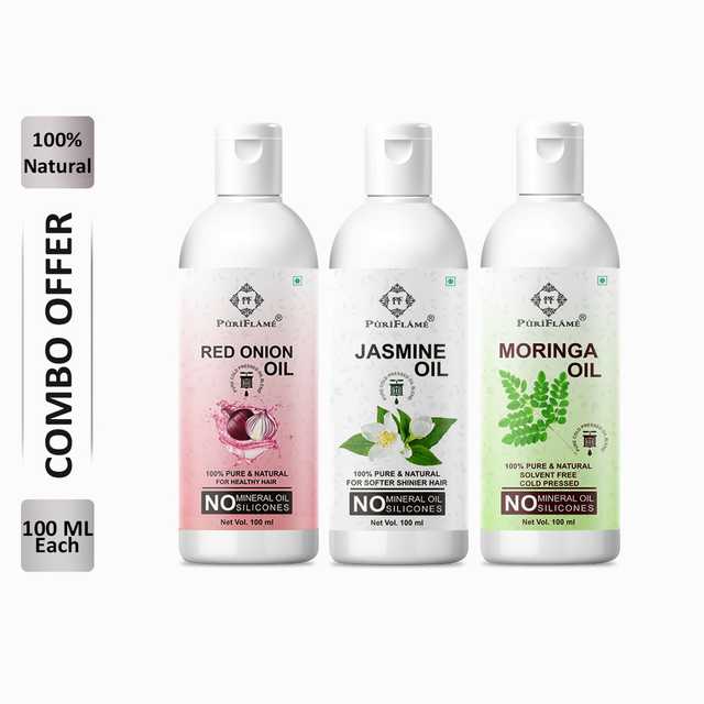 PuriFlame Pure Red Onion Oil (100 ml) & Jasmine Oil (100 ml) & Moringa Oil (100 ml) Combo For Rapid Hair Growth (Pack Of 3) (B-6886)