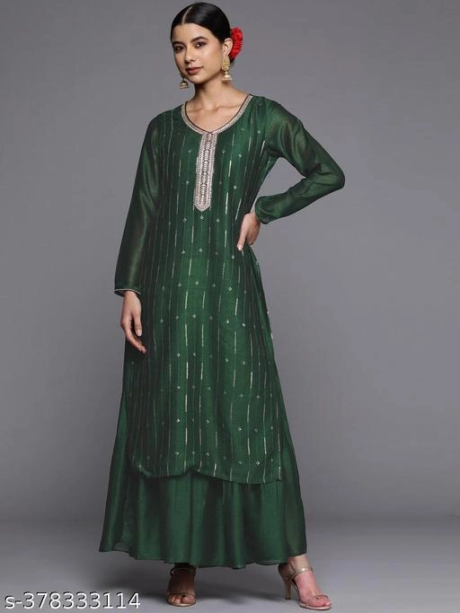 Silk Embroidered Kurti for Women (Green, XS)