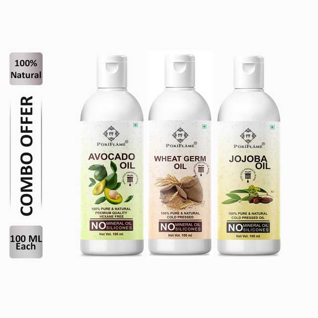 PuriFlame Pure Avocado Oil (100 ml) & Wheat Germ Oil (100 ml) & Jojoba Oil (100 ml) Combo For Rapid Hair Growth (Pack Of 3) (B-2602)