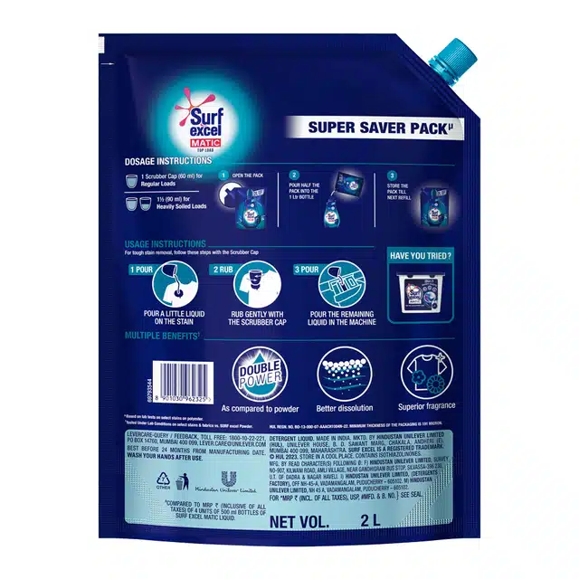 Surf Excel Matic Liquid Detergent Top Load Pouch 2 L