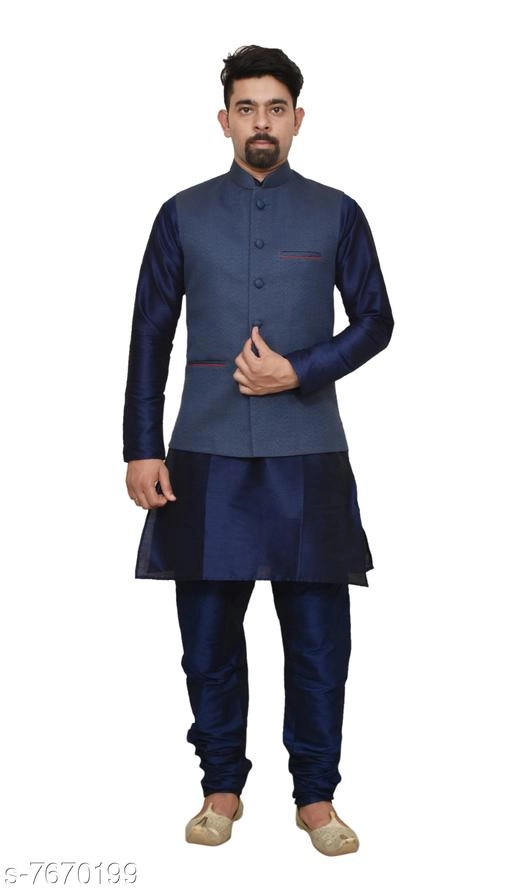 Dupion Silk Solid Kurta with Pyjama & Jacket for Men (Navy Blue, S)