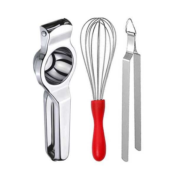 Oc9 Stainless Steel Lemon Squeezer & Egg Whisk & Roti Chimta Kitchen Tool Set (O-18)