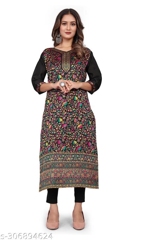 Pashmina Embroidered Kurti for Women (Black, L)