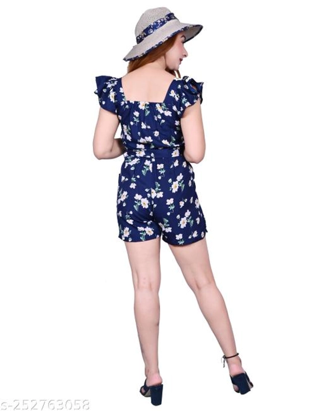 Crape Jumpsuit for Women (Navy Blue & White, S)