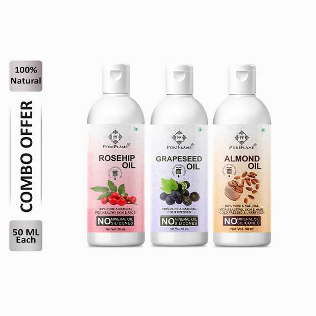 Puriflame Pure Rosehip Oil (50 ml), Grapeseed Oil (50 ml) & Almond Oil ( 50 ml) Combo for Rapid Hair Growth (Pack Of 3) (B-13321)