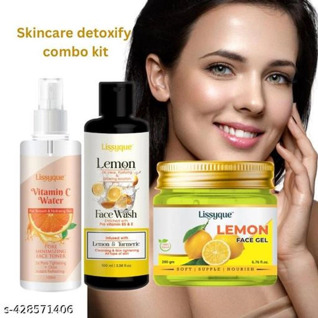  Lissyque natural vitamin c face toner spray 100 ml + Lemon facewash 100 ml + Lemon face gel 200 gm for pore tightning, refreshing, skin lightning, hydrating, nourishing, for women and men, 400 ml skin detoxify combo kit