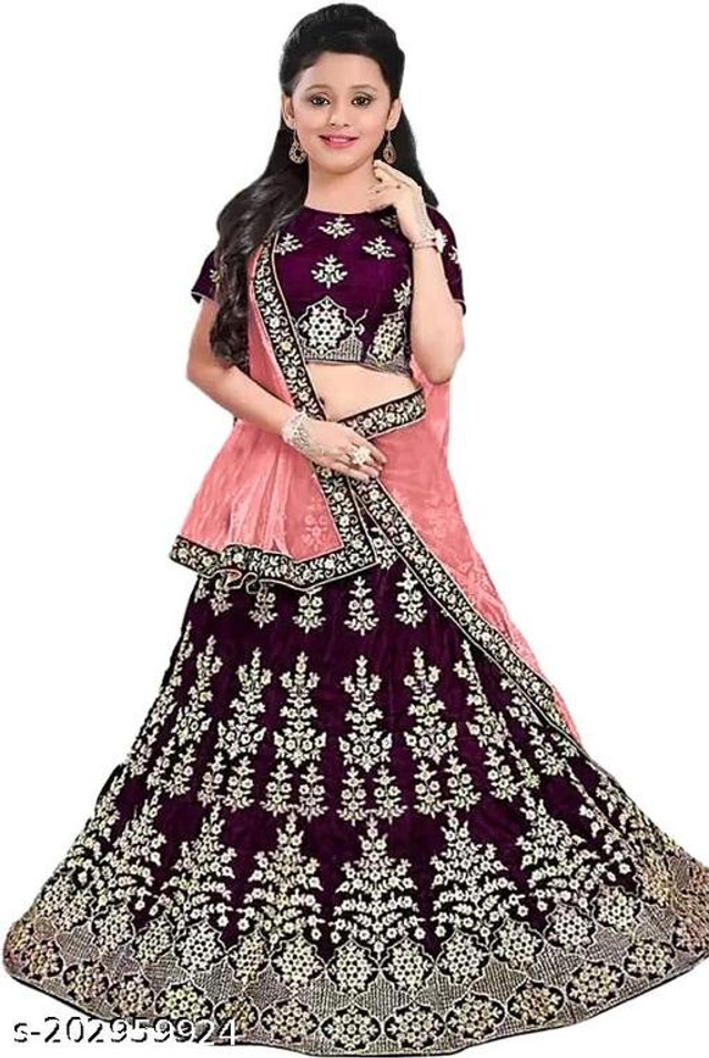 Satin Embroidered Lehenga with Choli & Dupatta for Girls (Wine & Pink, 2-3 Years)