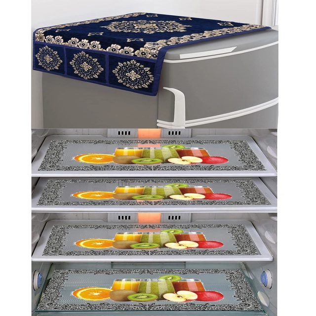 PVC Waterproof Fridge Top Cover with 4 Pcs Shelf Mats (Multicolor, Set of 1)